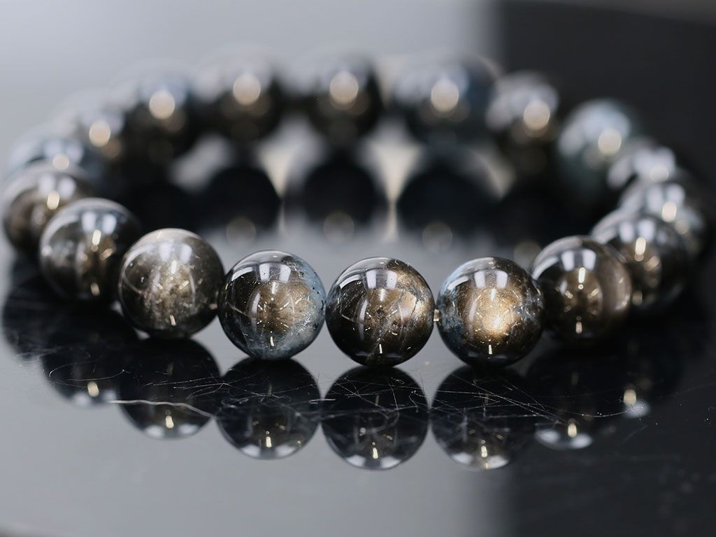 ブラックスター アクアマリン ブレスレット 12mm玉 No.65 （鑑別書付）   [ 画像現物・一点物 ]  パワーストーン 天然石 FORESTBLUE フォレストブルー【4640】