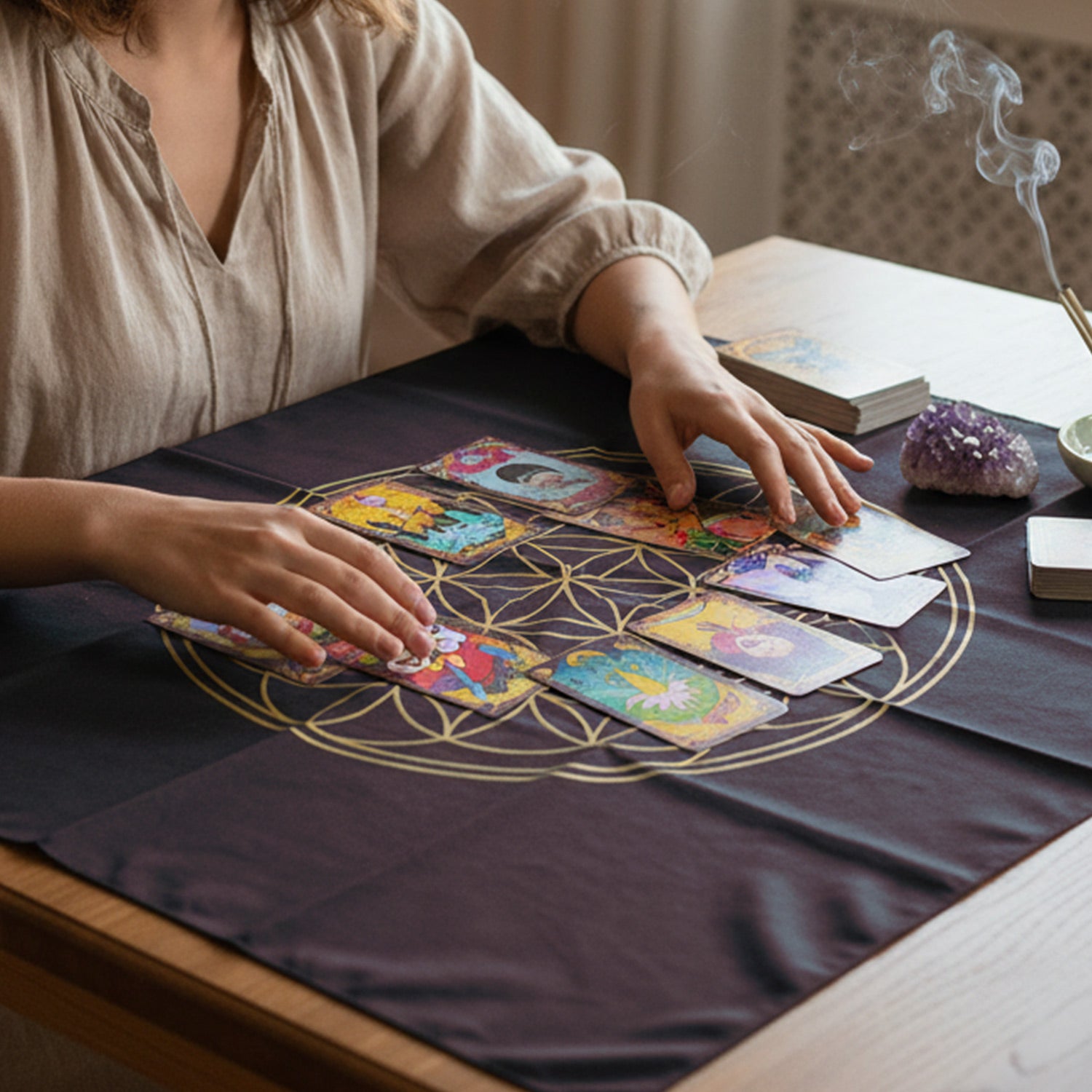 タロット／占い用クロス（12星座・フラワーオブライフ・六芒星など柄が選べる）50cm角