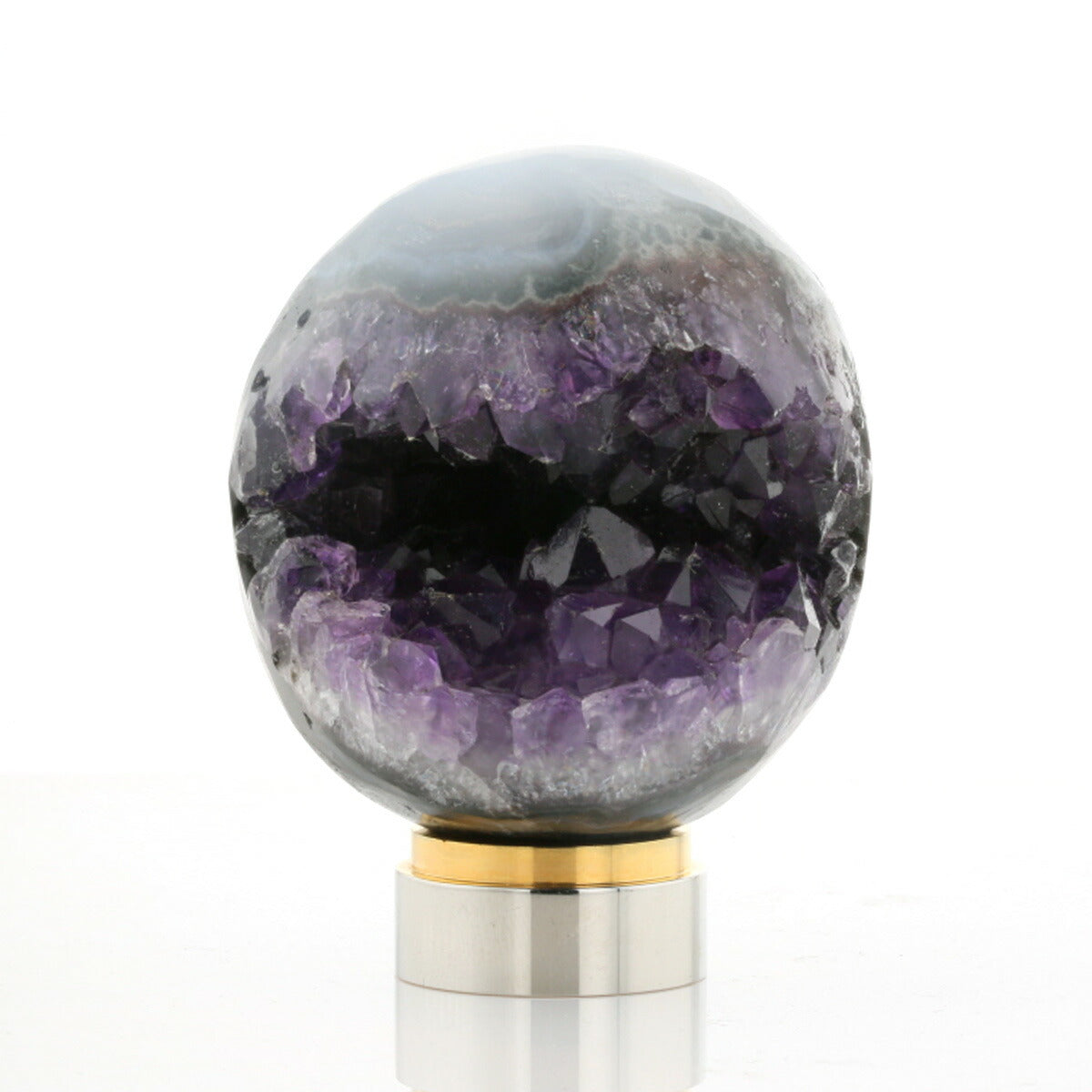 【笑口アメジスト スマイルボール 55-60mm】ブラジル産／金属製台座付き／縁起物・開運インテリア・天然石