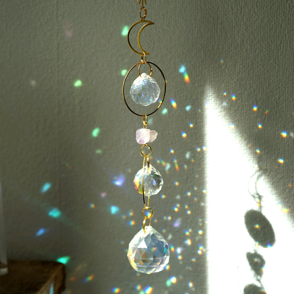 サンキャッチャー アメジスト原石&レインボーガラス | 月・太陽モチーフ