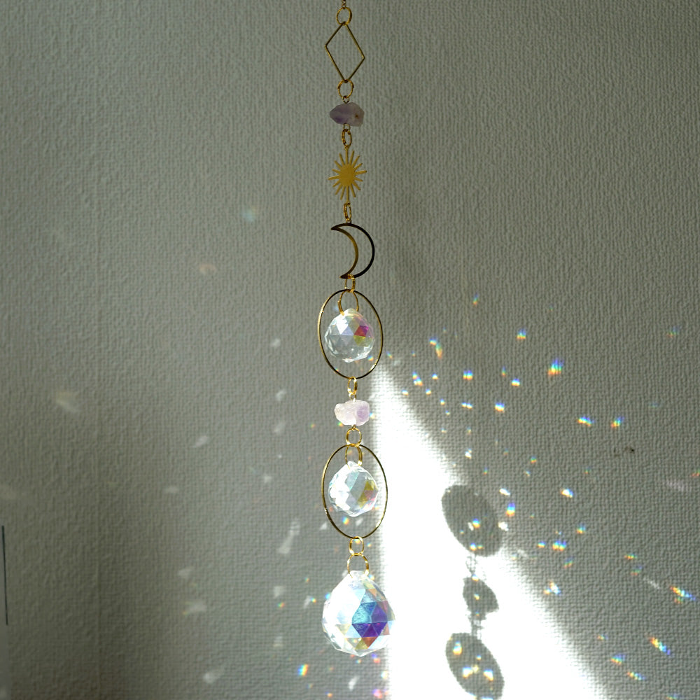 サンキャッチャー アメジスト原石&レインボーガラス | 月・太陽モチーフ