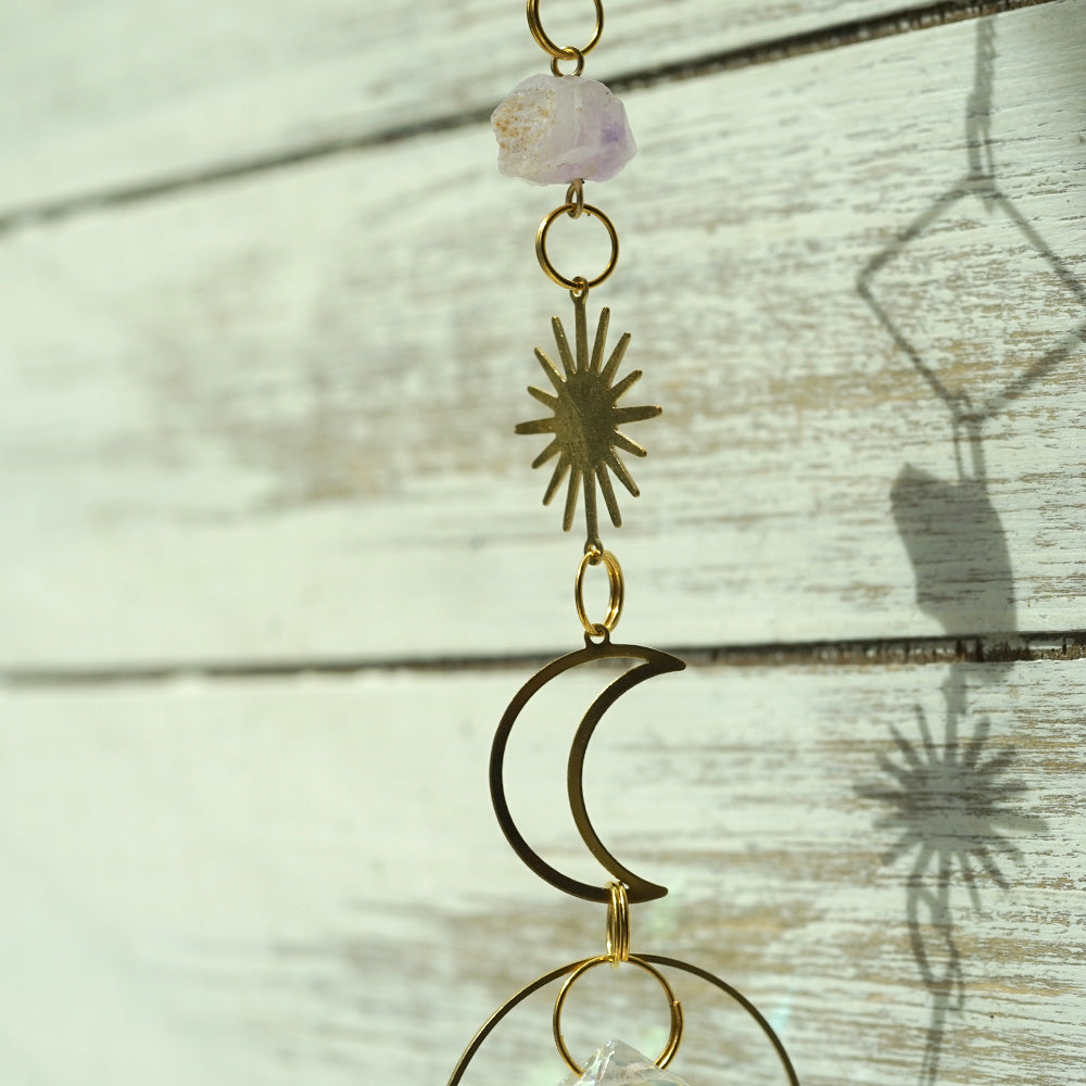 サンキャッチャー アメジスト原石&レインボーガラス | 月・太陽モチーフ